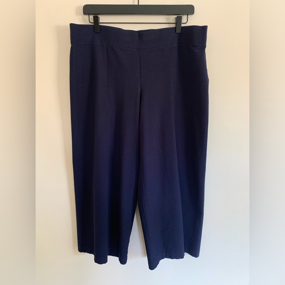 Eileen Fisher L Viscose Jersey Wide Leg Crop Pant Pull On Navy Blue